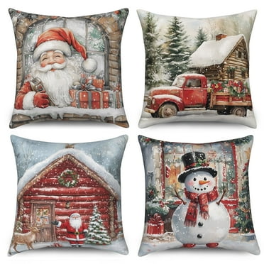 Dashan Christmas Pillow Covers 16x16 Set of 4,Santa Claus Snownman Decorative Pillow Cases for Bed Couch Living Room