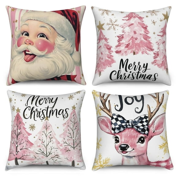 Dashan Christmas Throw Pillow Covers 18x18 4 PCS Pink Santa Xmas Tree Couch Cushion Pillowcases for Bedroom Home Decor