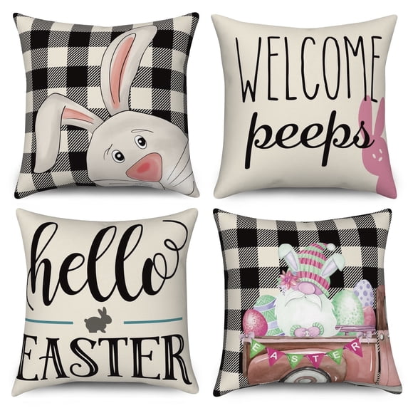 Dashan Easter Throw Pillow Covers 18x18 Set of 4,Buffalo Plaid Bunny Eggs Decorative Pillow Cases for Bedroom Sofa Couch