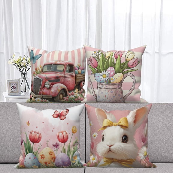 Dashan Easter Throw Pillow Covers 18x18 Set of 4,Spring Bunny Rabbit Flower Decorative Pillow Cases for Bedroom Sofa Couch