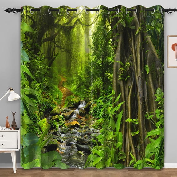 Dashan Forest Blackout Curtains for Bedroom Living Room,Tropical Jungle River Grommet Darkening Drapes 42x63 Inch,2 Panels
