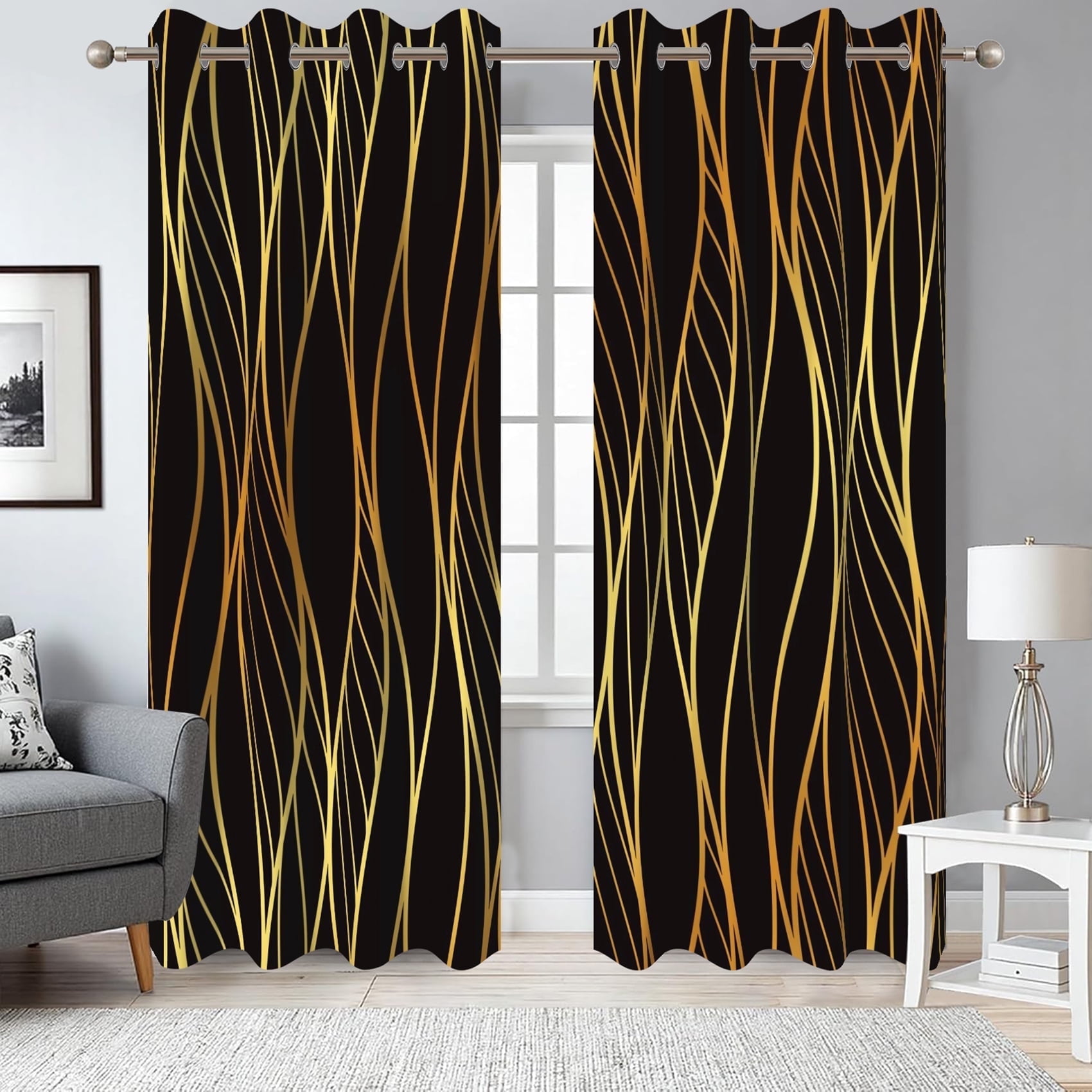 Dashan Golden Wave Line Blackout Curtains for Bedroom Living Room Decor Grommet Window Drapes 52x84 Inch,2 Panels