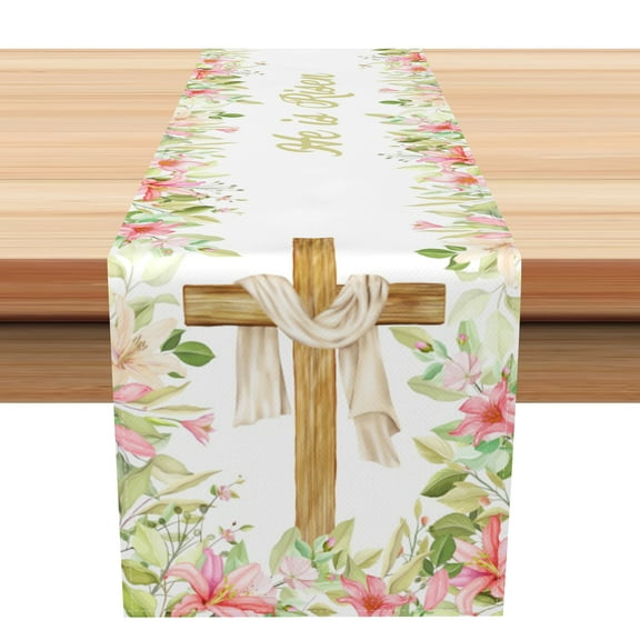 Dashan He is Risen Table Runner,Spring Easter Christian Cross Linen Table Cover Decorfor Kitchen Dining and Holiday Party,13x36 Inch