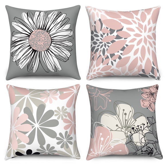 Dashan Pink Throw Pillow Cover 16x16 Set of 4,Pink and Gray Daisy Floral Cushion Cases for Couch Sofa Bed Home Decor