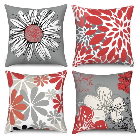 Dashan Red Grey Throw Pillow Covers 20x20 Set of 4,Modern Daisy Flower Decorative Pillow Cases for Bedroom Sofa Couch