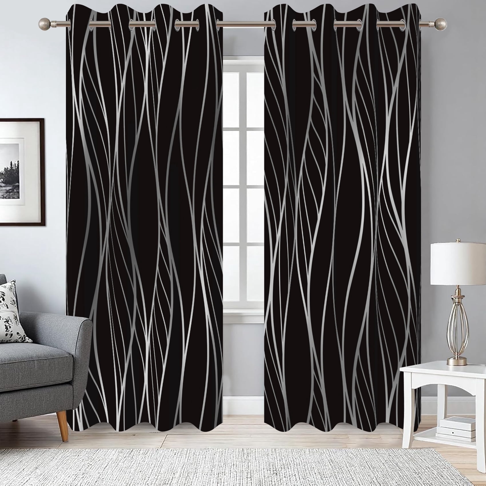 Dashan Silver Wave Line Blackout Curtains for Living Room,Black Window Drapes for Bedroom,52x84 Inch,2 Panels