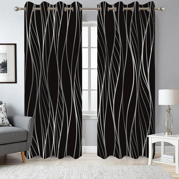 Dashan Silver Wave Line Blackout Curtains for Living Room,Black Window Drapes for Bedroom,52x84 Inch,2 Panels