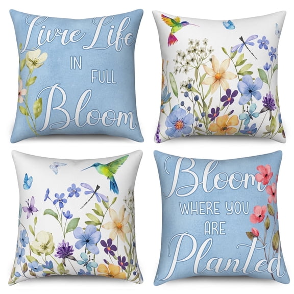 Dashan Spring Blue Throw Pillow Covers 18x18 Set of 4,Floral Butterfly Decorative Pillow Cases for Bedroom Sofa Couch