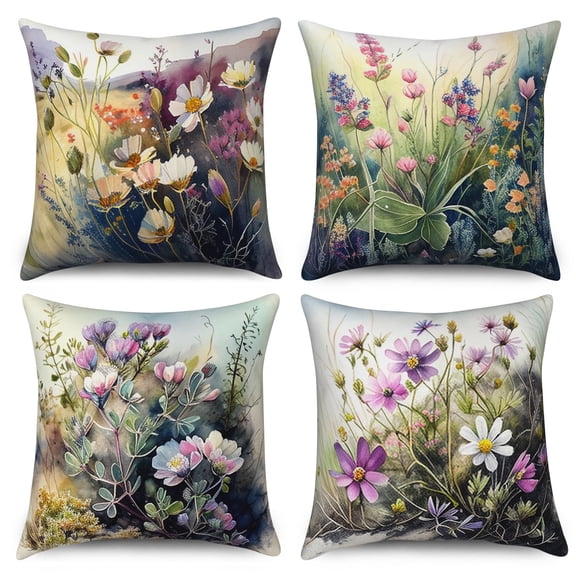 Dashan Spring Floral Throw Pillow Covers 18x18 Set of 4,Colorful Wild Flower Decorative Pillow Cases for Bedroom Sofa Couch