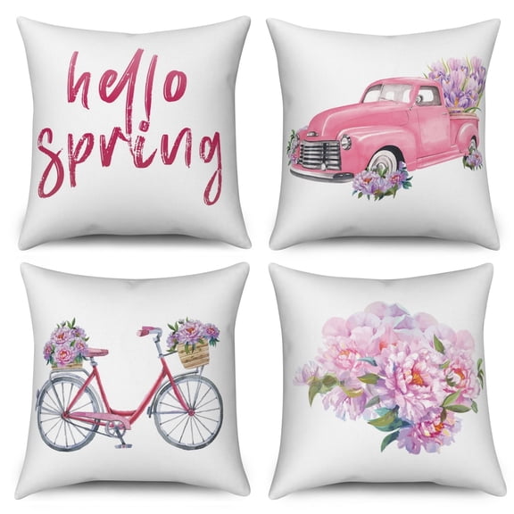 Dashan Spring Floral Throw Pillow Covers 18x18 Set of 4,Pink Flowers Decorative Pillow Cases for Bedroom Sofa Couch