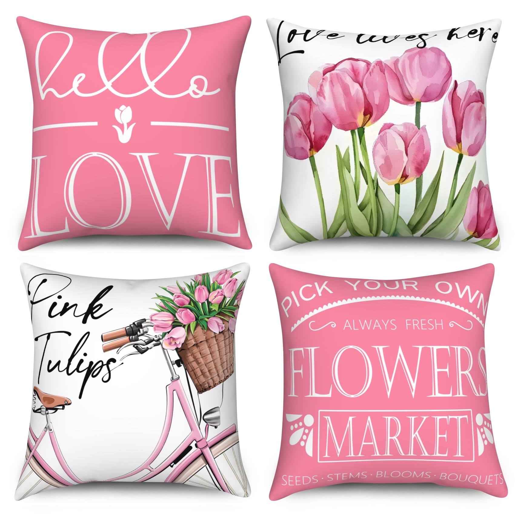 Dashan Spring Floral Throw Pillow Covers 20x20 Set of 4,Pink Tulips Flowers Decorative Pillow Cases for Bedroom Sofa Couch