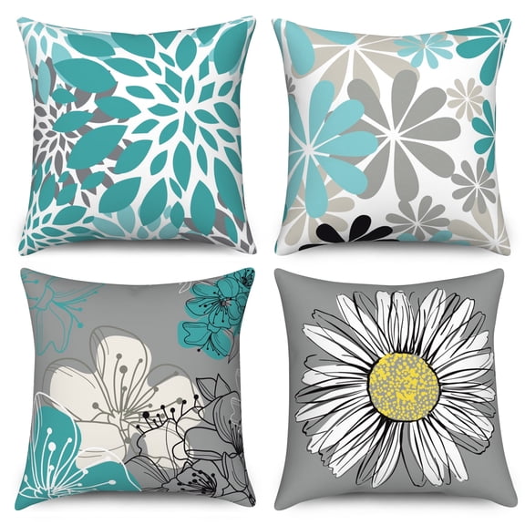 Dashan Teal Grey Pillow Cover 16x16 Set of 4,Modern Daisy Flower Cushion Cases for Couch Sofa Bed Home Decor