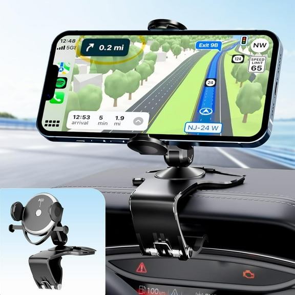 Dashboard Car Phone Holder, Universal 360 Rotation Dash Phone Mount for Car, Multifunctional Dashboard Clip Phone Bracket, Hands-Free Cell Phone Holder Stand Compatible with iPhone & Android (Black)