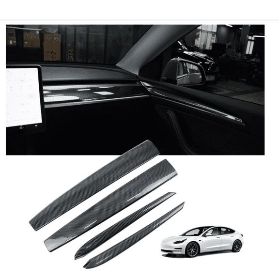 Dashboard Cover Wrap and Front Door Inner Armrest Panel Cover Trim Compatible with Tesla Model 3 2021-2023 Model y 2020-2025,NOT for Performance (Glossy Carbon Fiber Pattern, 4pcs)