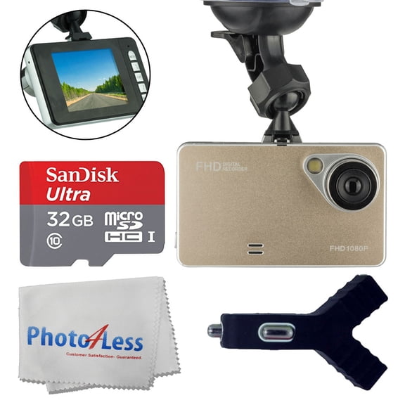 Dashboard DVR Cam Vehicle HD 1080P 170 Degree Ultra Wide Angle Lens G-Sensor Black Box Driving - 2.6" LCD Video Recorder + SanDisk 32GB MicroSDHC Memory Card + Dual USB Car Charger + Cleaning Cloth