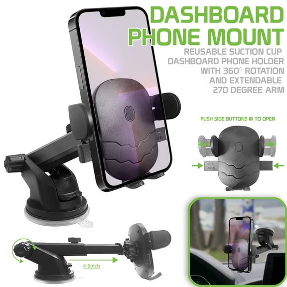 Dashboard Phone Mount with Reusable Suction Cup; Dashboard Phone Holder with 360 Degree Rotation and Extendable 270 Degree Arm