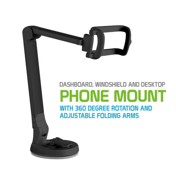 Dashboard, Windshield and Desktop Phone Mount with 360 Degree Rotation and Adjustable Folding Arms for iPhone 14 Pro Max, 14 Pro, 14, Galaxy Z Fold4, A23, S22 Plus, S22 Ultra and more