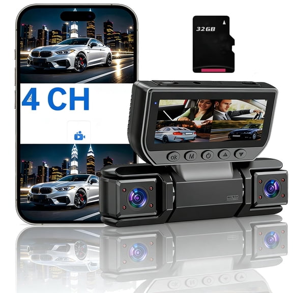 Dashcam 360 Car DVR WiFi 4Channels Dash Cam Video Recorder, Four-Record Monitoring Driving Recorder Wireless - Loop Recording, Night Vision (Four-Record+WiFi+32G)