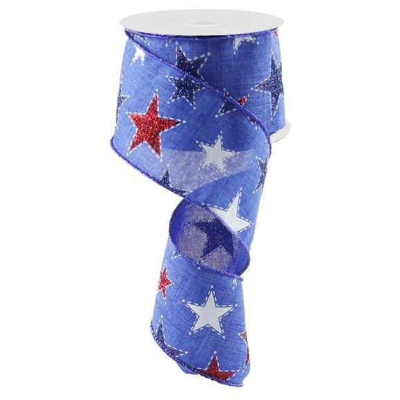 Dashed Glitter Stars Wired Edge Ribbon - 10 Yards (Royal Blue, 2.5")