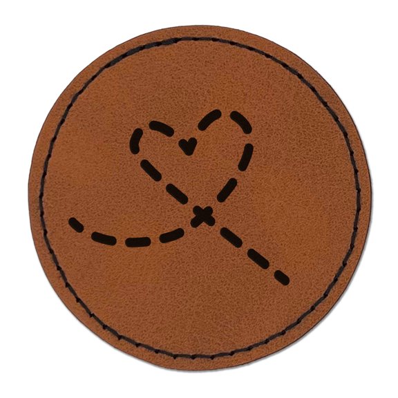 Dashed Heart 2.5" Faux Leather Round Engraved Iron-On Patch - Brown