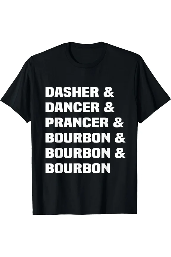 Dasher Dancer Prancer and Bourbon Holiday Festive Lights Retro Style Unisex T-Shirt, up to size 5XL