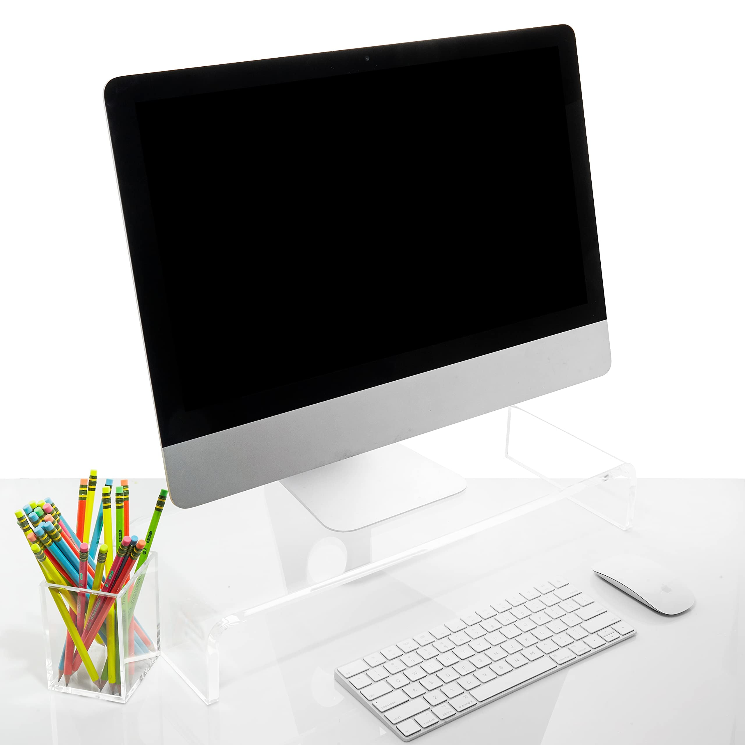 Dasher Products Acrylic Laptop Stand with Matching Pen Holder, Contemporary Design, Ergonomic Viewing Position, Raises Monitor 3 inches, 12mm Thick Clear Acrylic, No More Clutter