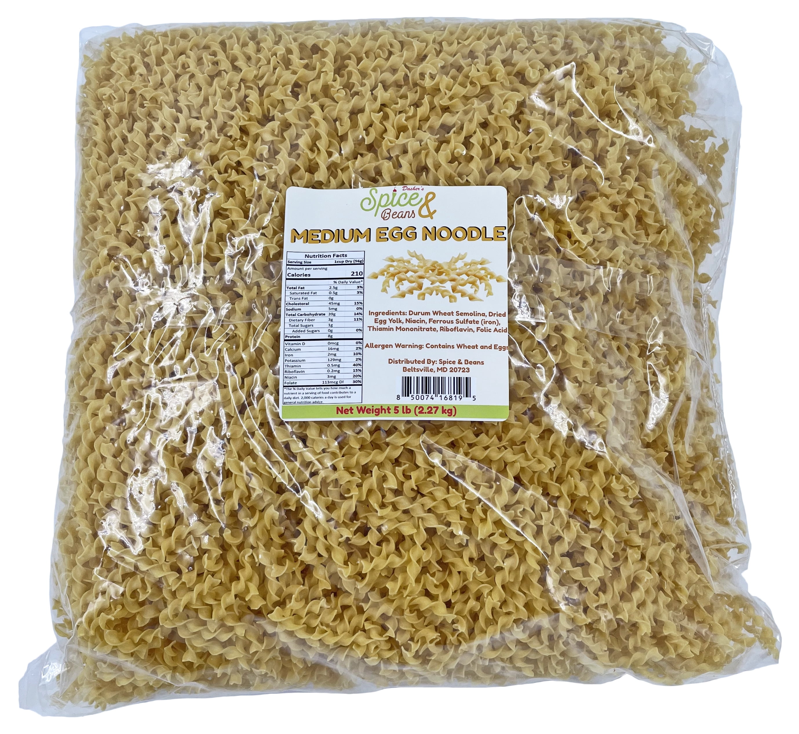 Dasher's Spice & Beans Medium Egg Noodle Pasta | 100% Durum Semolina Flour | Made in America | 5 lb.