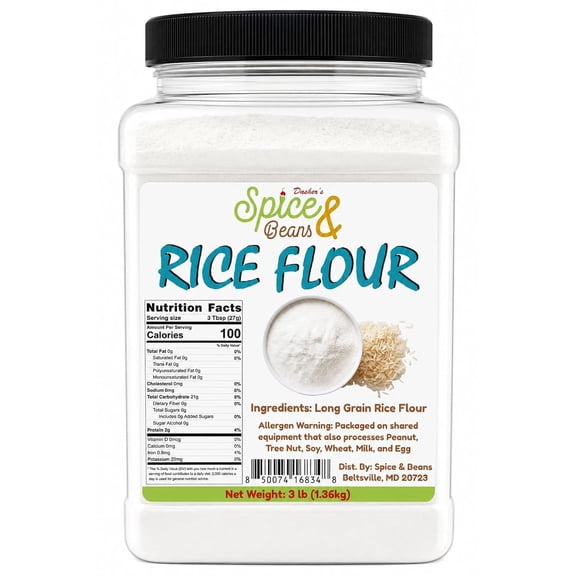 Rice Flour 3 lb - Finely Milled Long Grain Rice Flour - Baking, Thickening, Noodles, Breads, Cakes & Cooking Applications - Resealable Bulk Container, Packed in USA - Dasher's Spice & Beans