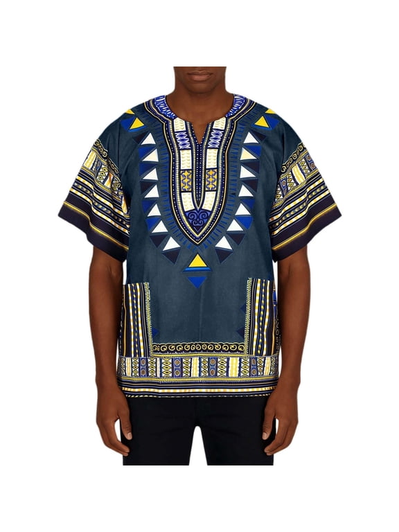 Dashiki Shirt for Men African Shirt Traditional African Attire Short Sleeve Loose Tunic Tops Navy Size S
