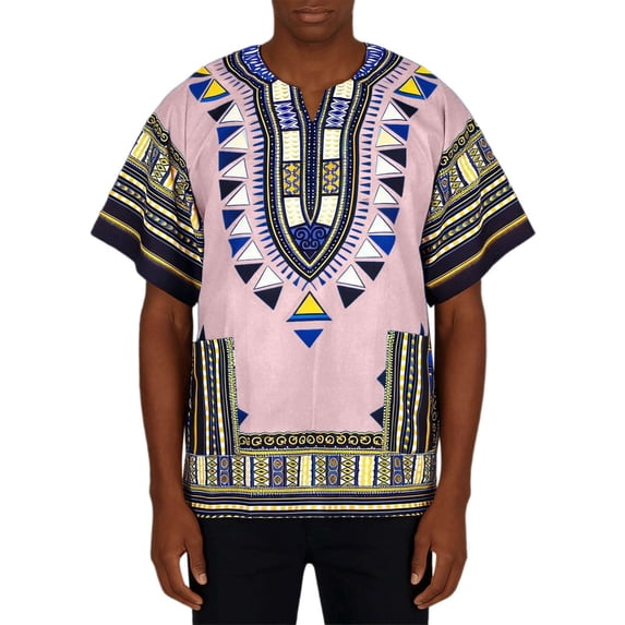 Dashiki Shirt for Men African Shirt Traditional African Attire Short Sleeve Loose Tunic Tops Pink Size S