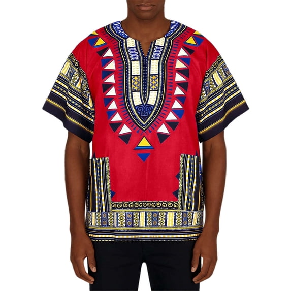 Dashiki Shirt for Men African Shirt Traditional African Attire Short Sleeve Loose Tunic Tops Red Size S