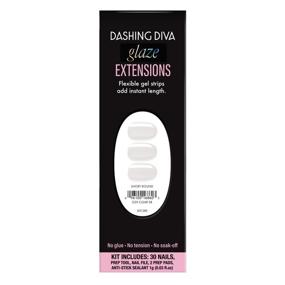 Dashing Diva Glaze Extensions Refill Set in Clear, Short Round, Semi-Cured Gel Nail Lengthening Strips, Includes 30 Gel Strips (Required LED Lamp Sold Separately)