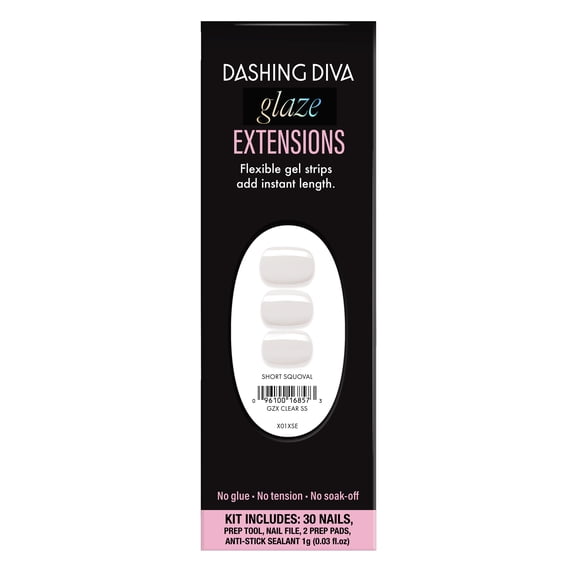 Dashing Diva GLAZE EXTENSIONS Refill Set in Clear, Short Squoval, Semi-Cured Gel Nail Lengthening Strips, Includes 30 Gel Strips (Required LED lamp sold separately)