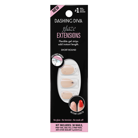 Dashing Diva GLAZE EXTENSIONS Refill Set in Cut the Camera, Short Round, Semi-Cured Gel Nail Lengthening Strips, Includes 30 Gel Strips (Required LED lamp sold separately)