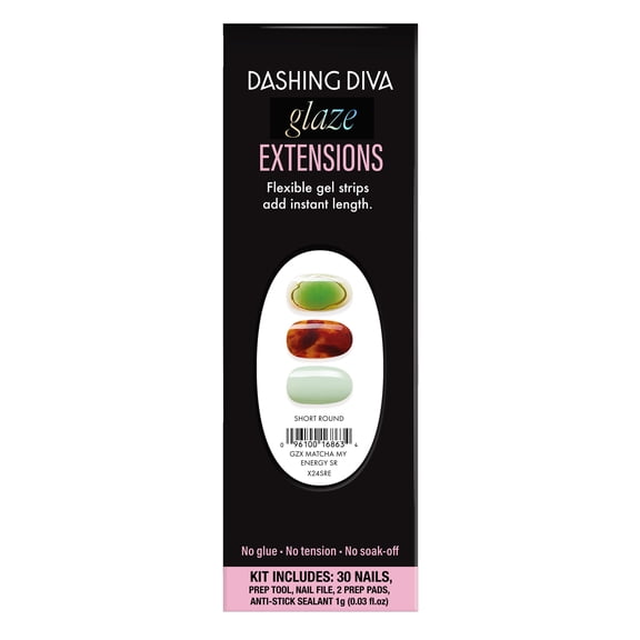 Dashing Diva Glaze Extensions Refill Set in Matcha My Energy, Short Round, Semi-Cured Gel Nail Lengthening Strips, Includes 30 Gel Strips (Required LED Lamp Sold Separately)