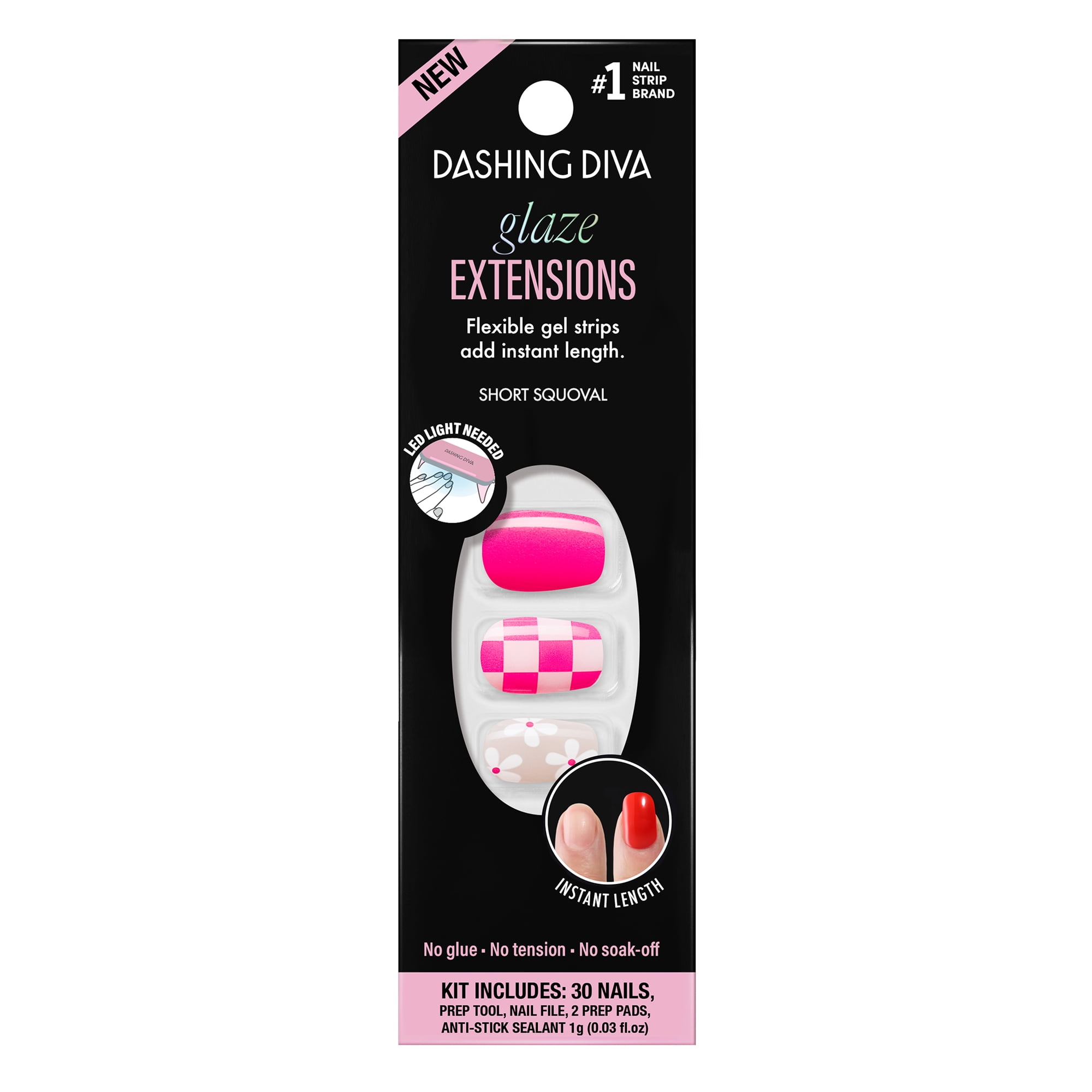 Dashing Diva GLAZE EXTENSIONS Refill Set in Miss Matched, Short Squoval, Semi-Cured Gel Nail Lengthening Strips, Includes 30 Gel Strips (Required LED lamp sold separately)