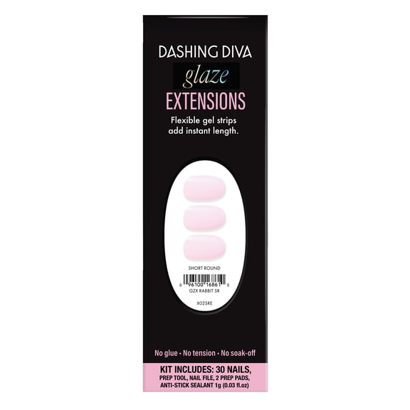 Dashing Diva GLAZE EXTENSIONS Refill Set in Rabbit, Short Round, Semi-Cured Gel Nail Lengthening Strips, Includes 30 Gel Strips (Required LED lamp sold separately)