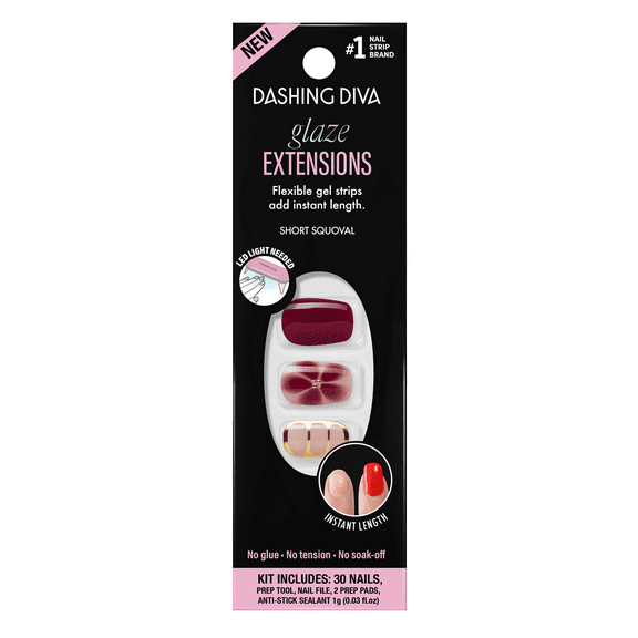 Dashing Diva GLAZE EXTENSIONS Refill Set in Ruby Bloom, Short Squoval, Semi-Cured Gel Nail Lengthening Strips, Includes 30 Gel Strips (Required LED lamp sold separately)