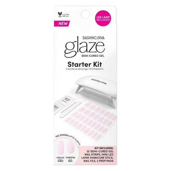 Dashing Diva GLAZE, Starter Kit, Semi-Cured Gel Nail Polish Strips, Powder Pink, Includes 32 Strips and LED Lamp