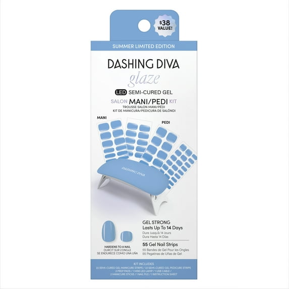 Dashing Diva Glaze LED Semi-Cured Gel Salon Mani + Pedi Kit, Gel Nail Strips, Bitesize Blue, 55 Count