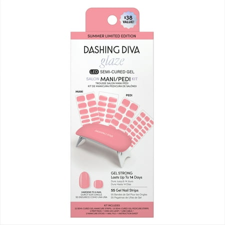 Dashing Diva Glaze LED Semi-Cured Gel Salon Mani + Pedi Kit, Gel Nail Strips, Lolli, 55 Count