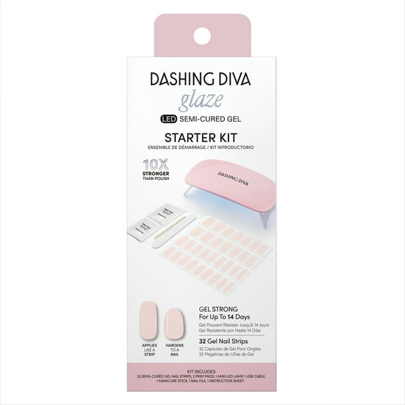 Dashing Diva GLAZE, Starter Kit, Semi-Cured Gel Nail Polish Strips, Between the Sheets, Includes 32 Strips and LED Lamp