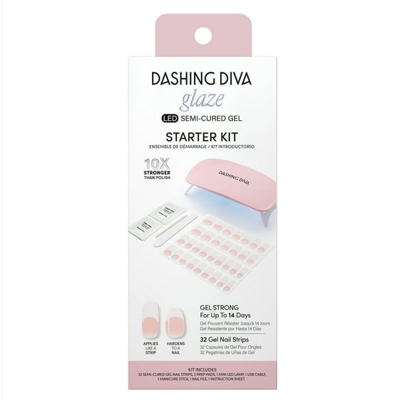 Dashing Diva GLAZE, Starter Kit, Semi-Cured Gel Nail Polish Strips, Pearly Whites, Includes 32 Strips and LED Lamp
