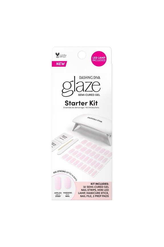 GLAZE, Starter Kit, Semi-Cured Gel Nail Polish Strips, Powder Pink, Includes 32 Strips and LED Lamp