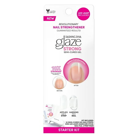Dashing Diva GLAZE, Starter Kit, Semi-Cured Gel Nail Polish Strips, Clear, Includes 32 Strips and LED Lamp