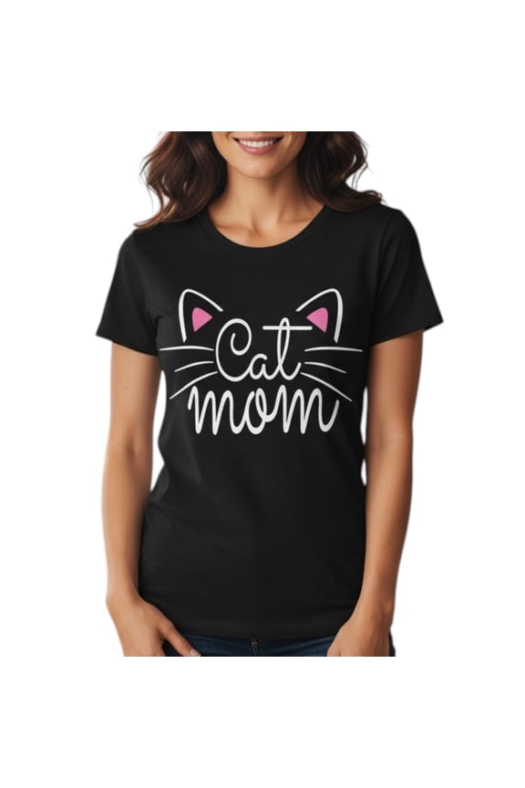 Women's Cat Mom Graphic T-Shirt, 100% Cotton, Casual Tee, Black, Size S