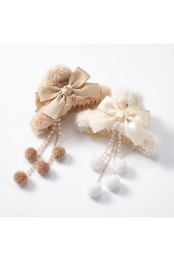 Faux Fur Hair Claw Clips, 2 Pack Plush Bow, Secure Daily Styling