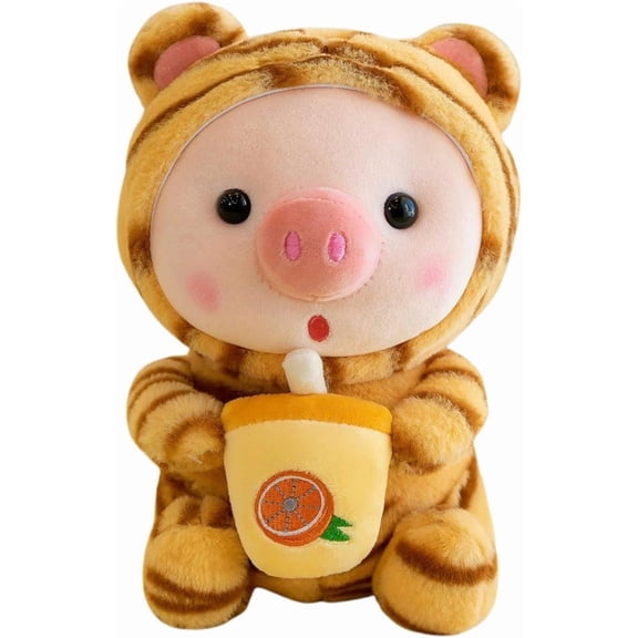 Dashing Nova Kawaii Pig Plush Toy in Animal Costumes with Bubble Tea, Ultra-Soft Stuffed Animal Pillow, Frog Tiger Rabbit Designs, Gift for Girls and Teens (Pink, 12.6 in)