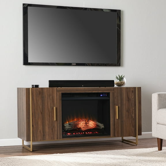 Dashton Modern Touch Screen Electric Fireplace with Media Storage in Brown/Gold