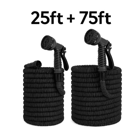 Dasoch 25ft + 75ft Expandable Garden Hose Combo Pack Durable, Lightweight, Kink-Free Multi-Size Bundle (Black)